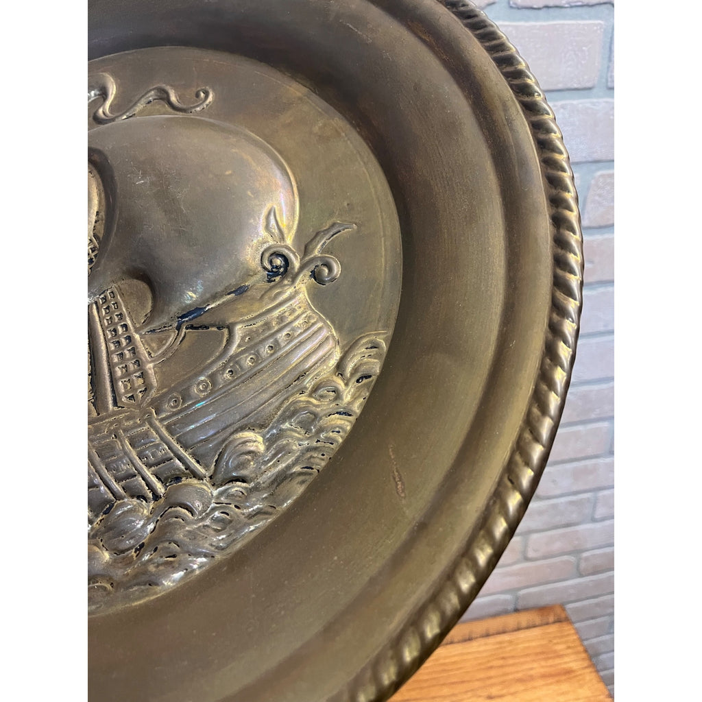 Vintage Embossed Brass Sailing Ship Boat Charger Tray Nautical Wall Hanging 17"