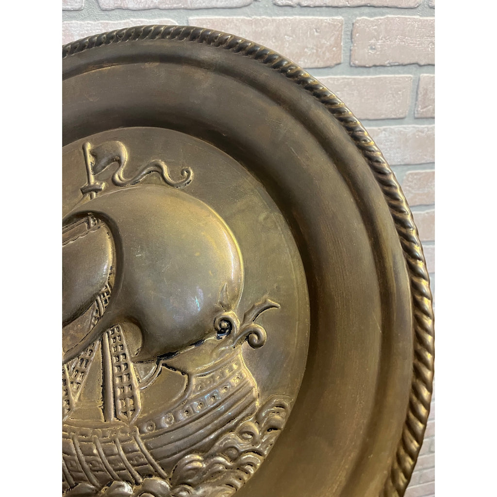 Vintage Embossed Brass Sailing Ship Boat Charger Tray Nautical Wall Hanging 17"