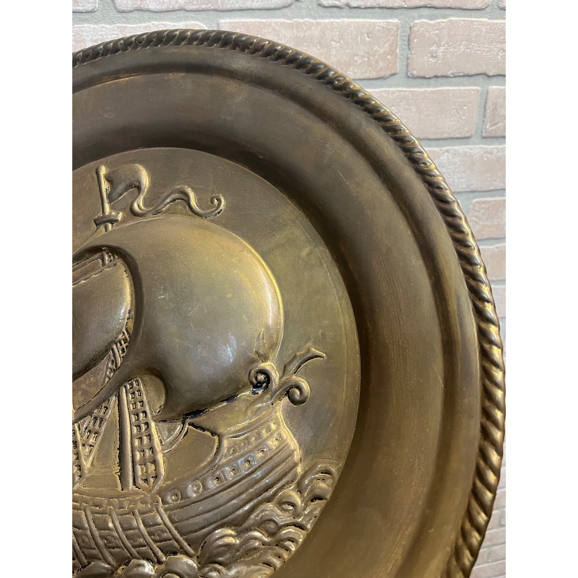 Vintage Embossed Brass Sailing Ship Boat Charger Tray Nautical Wall Hanging 17"