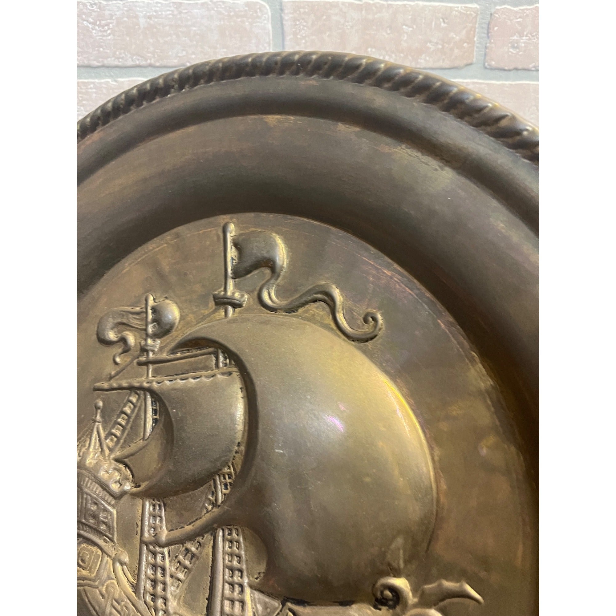 Vintage Embossed Brass Sailing Ship Boat Charger Tray Nautical Wall Hanging 17"