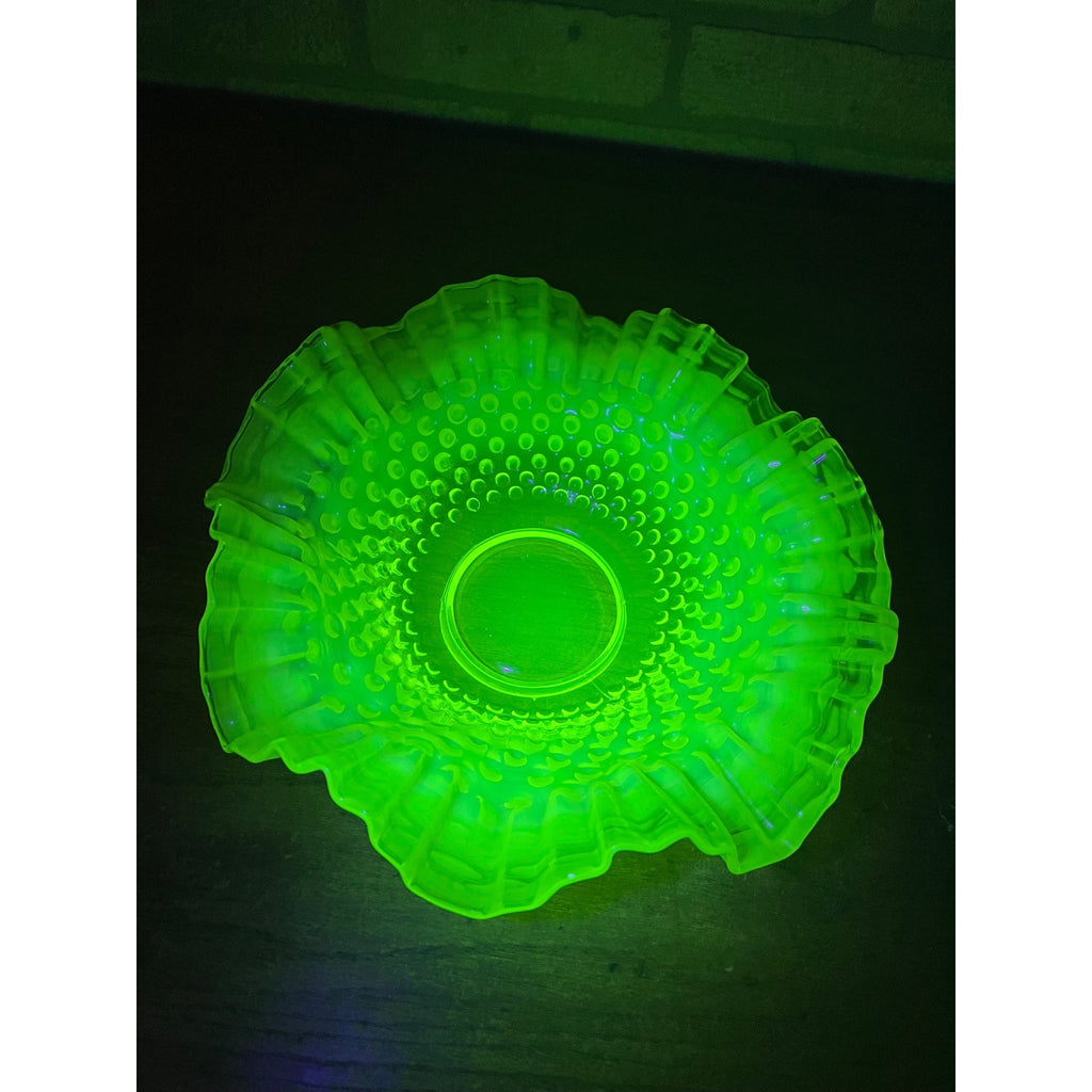 Fenton Topaz Opalescent Hobnail 10.5" Bowl Ruffle Vaseline Yellow Uranium Glass