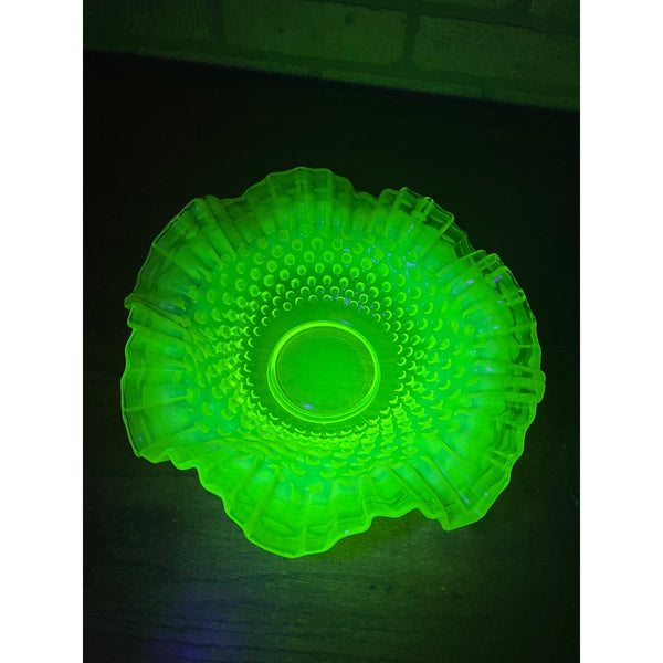 Fenton Topaz Opalescent Hobnail 10.5" Bowl Ruffle Vaseline Yellow Uranium Glass