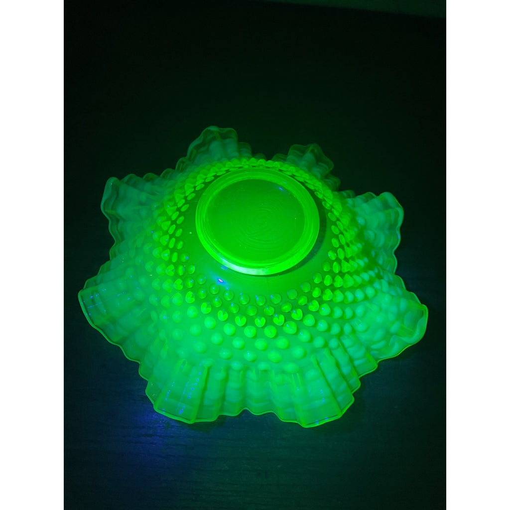 Fenton Topaz Opalescent Hobnail 10.5" Bowl Ruffle Vaseline Yellow Uranium Glass