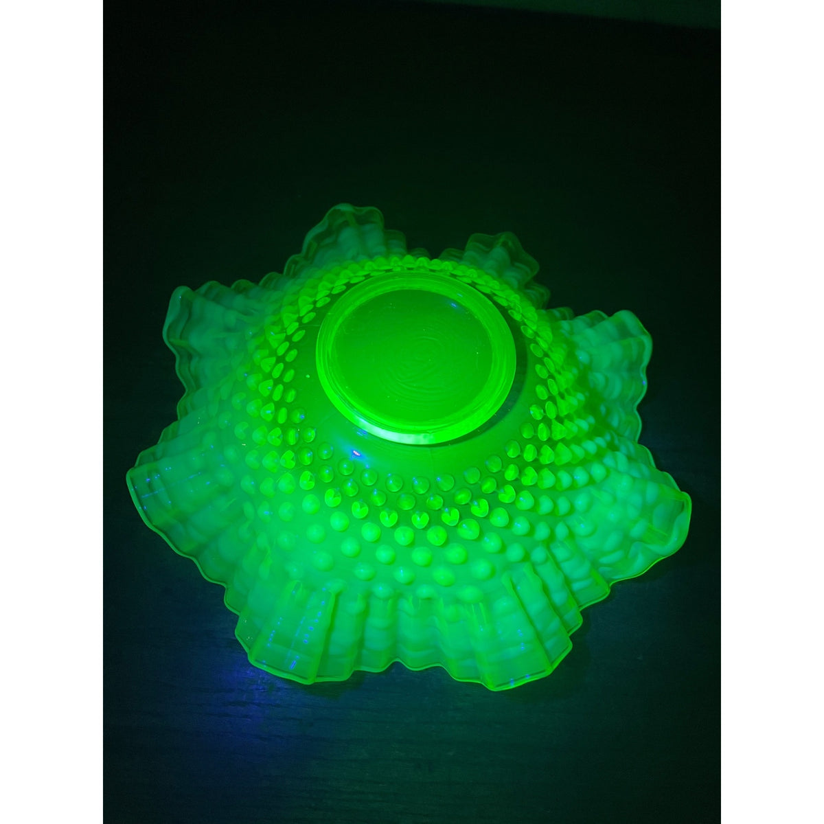 Fenton Topaz Opalescent Hobnail 10.5" Bowl Ruffle Vaseline Yellow Uranium Glass