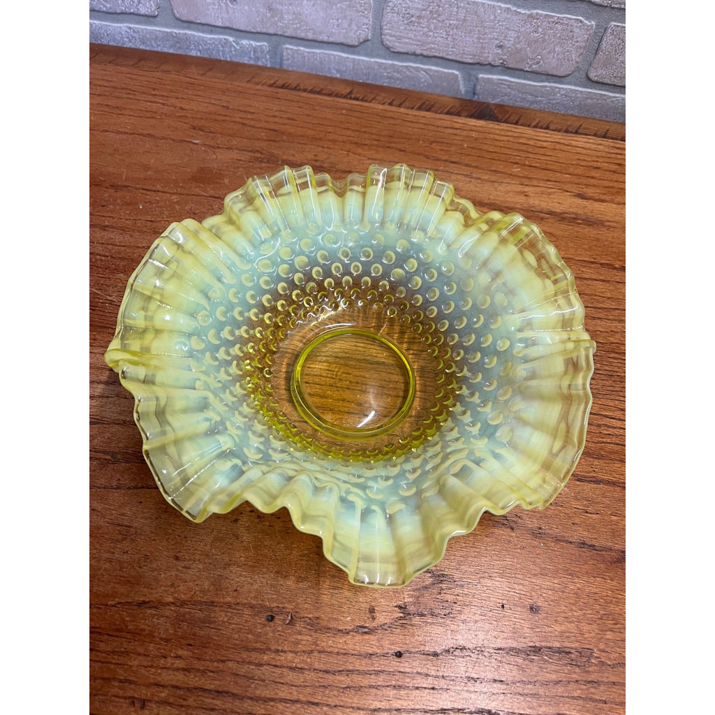 Fenton Topaz Opalescent Hobnail 10.5" Bowl Ruffle Vaseline Yellow Uranium Glass