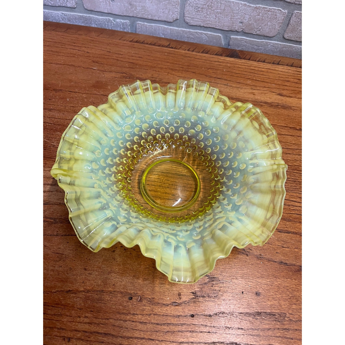 Fenton Topaz Opalescent Hobnail 10.5" Bowl Ruffle Vaseline Yellow Uranium Glass