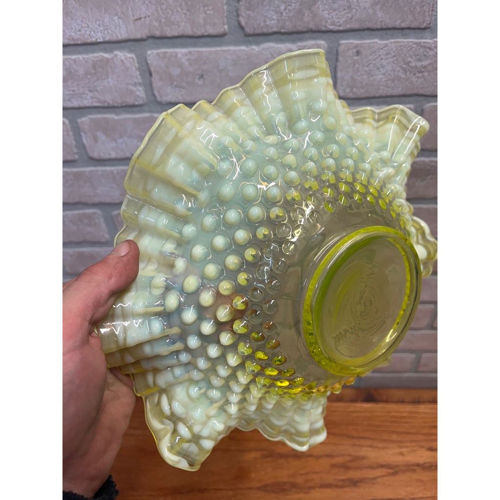 Fenton Topaz Opalescent Hobnail 10.5" Bowl Ruffle Vaseline Yellow Uranium Glass