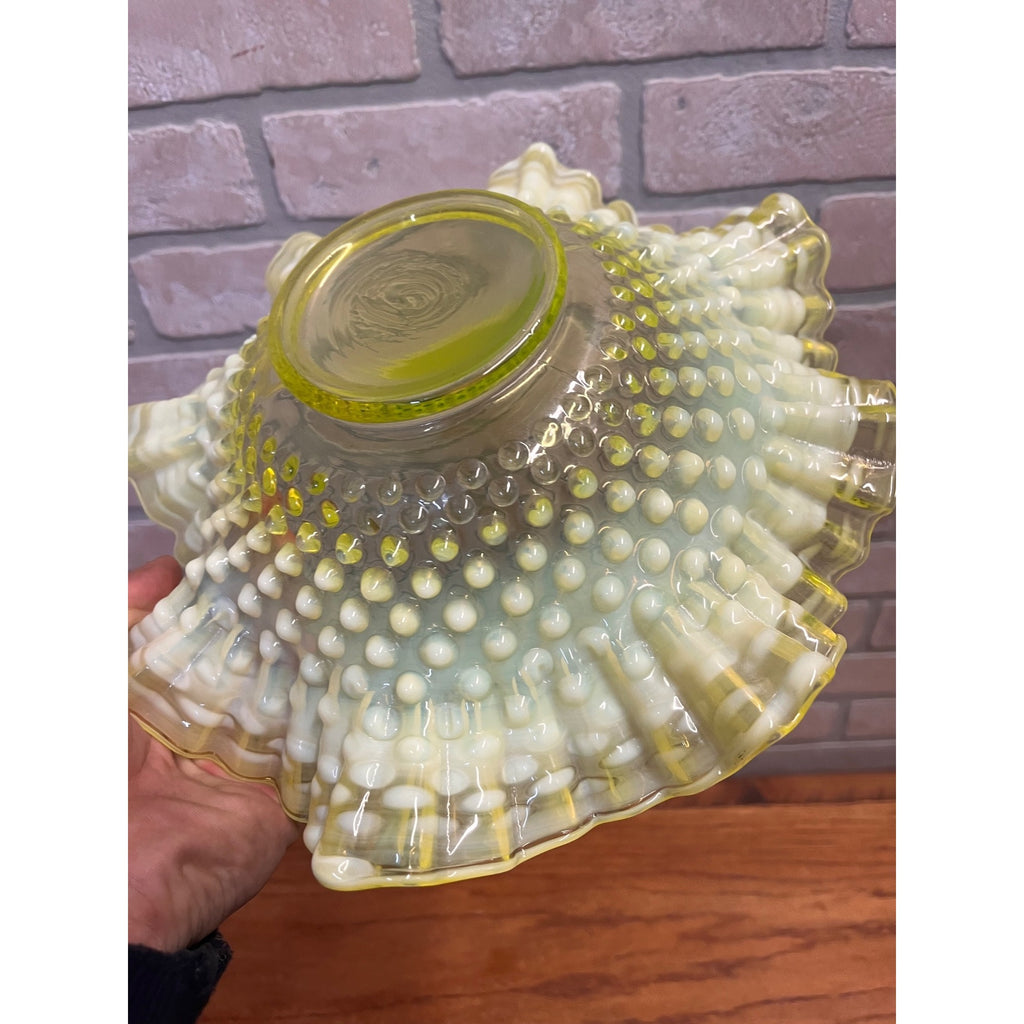 Fenton Topaz Opalescent Hobnail 10.5" Bowl Ruffle Vaseline Yellow Uranium Glass