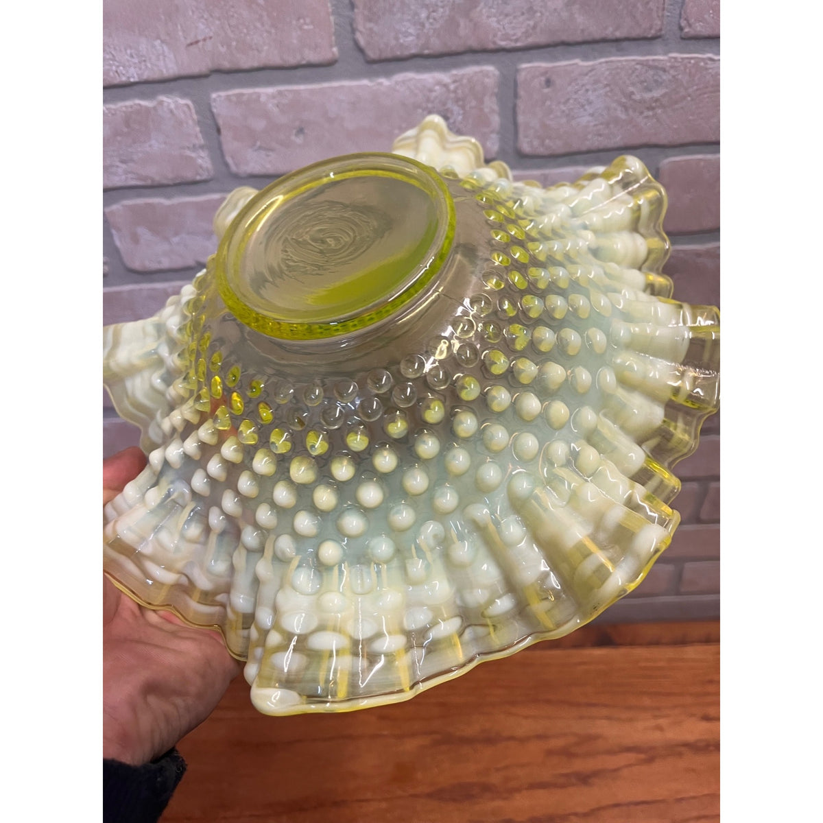 Fenton Topaz Opalescent Hobnail 10.5" Bowl Ruffle Vaseline Yellow Uranium Glass