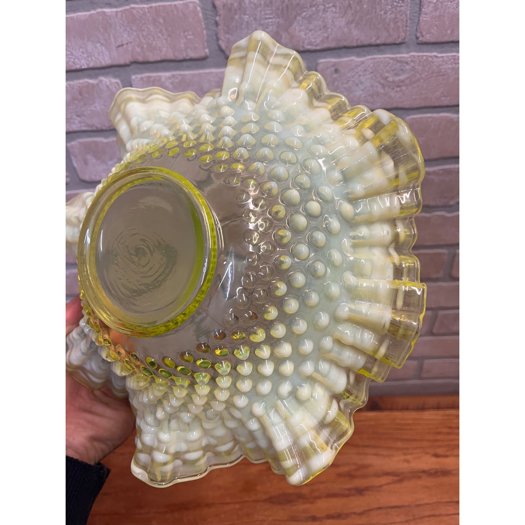 Fenton Topaz Opalescent Hobnail 10.5" Bowl Ruffle Vaseline Yellow Uranium Glass