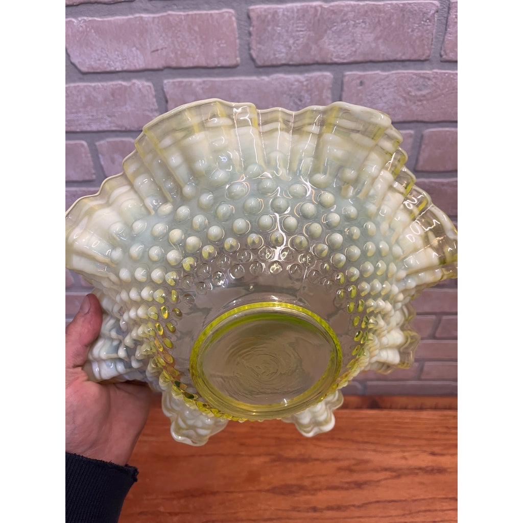 Fenton Topaz Opalescent Hobnail 10.5" Bowl Ruffle Vaseline Yellow Uranium Glass