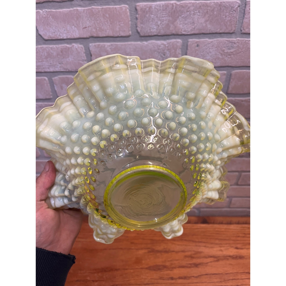 Fenton Topaz Opalescent Hobnail 10.5" Bowl Ruffle Vaseline Yellow Uranium Glass