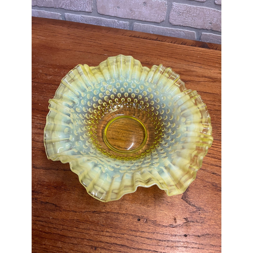 Fenton Topaz Opalescent Hobnail 10.5" Bowl Ruffle Vaseline Yellow Uranium Glass