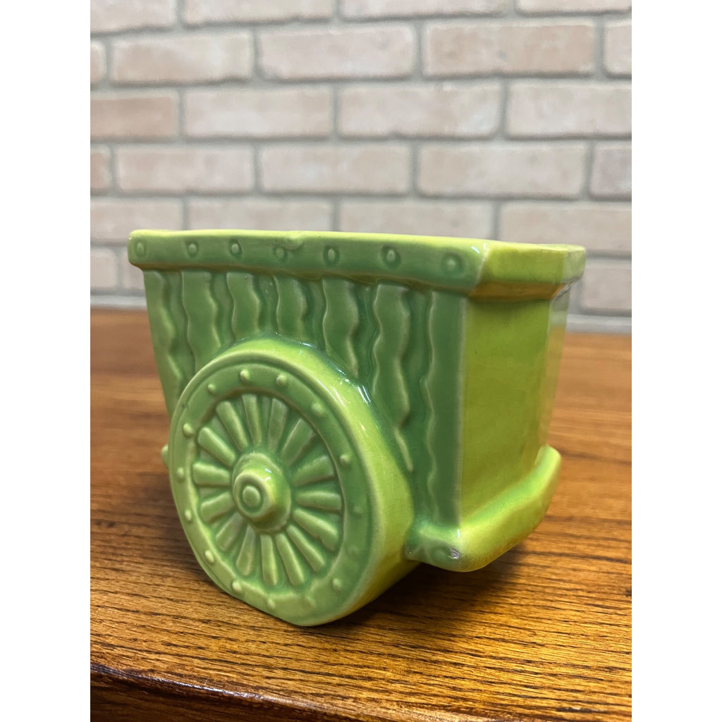Vintage Le Bow California Planter Ceramic Wagon Carriage Cart Green