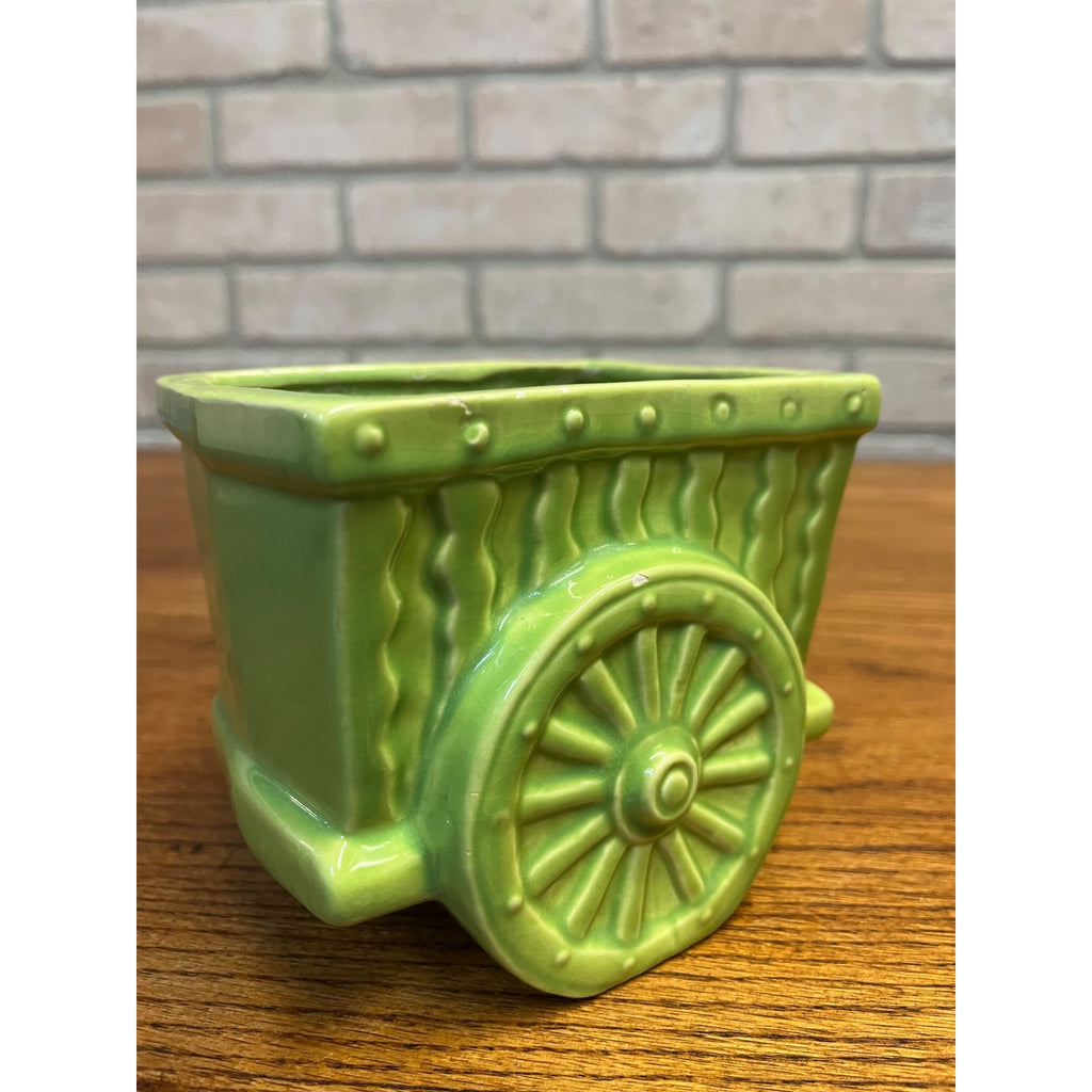 Vintage Le Bow California Planter Ceramic Wagon Carriage Cart Green