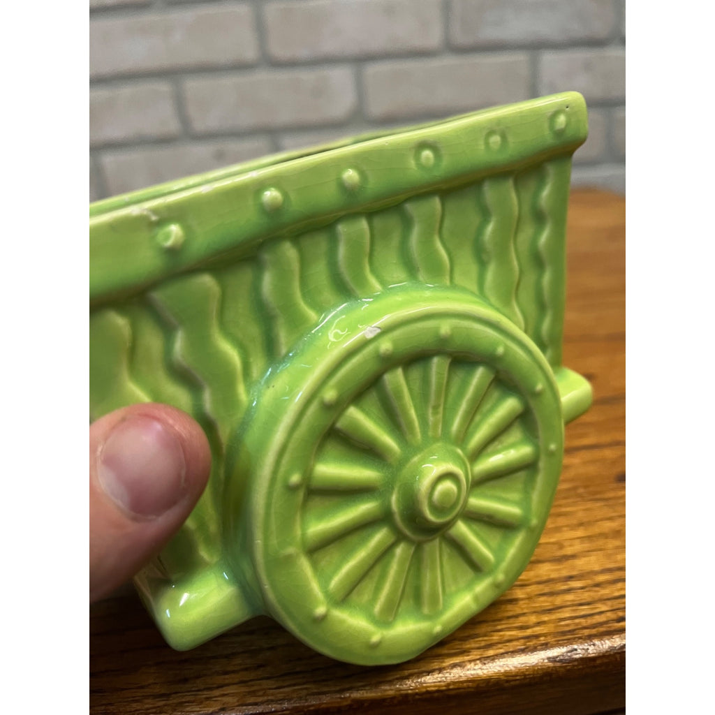 Vintage Le Bow California Planter Ceramic Wagon Carriage Cart Green
