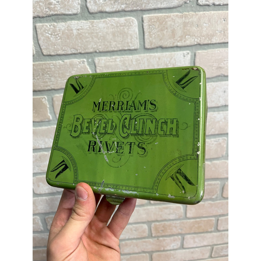 Vintage Merriam's Bevel Clinch Rivets Advertising Tin Can Hinged Empty Boston