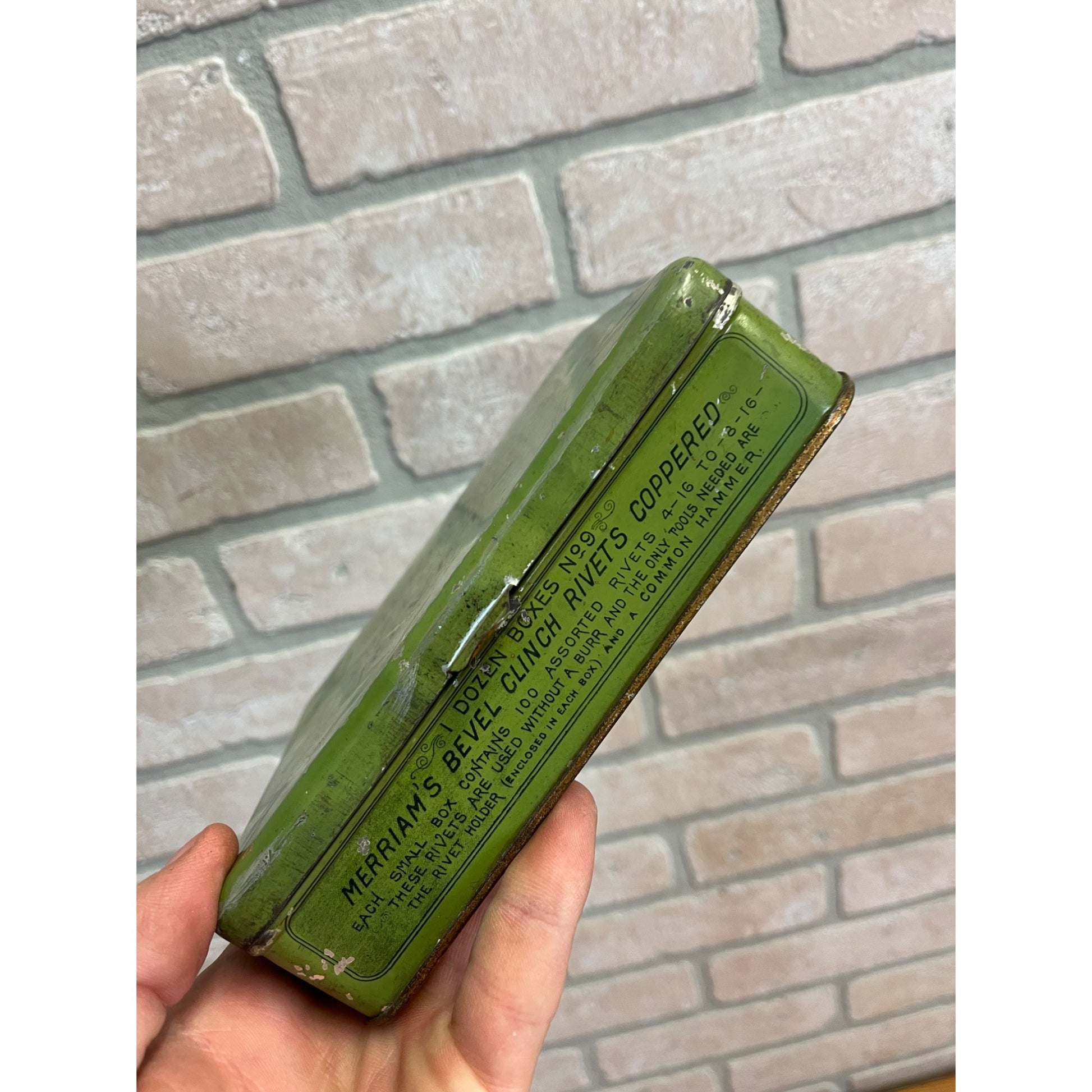 Vintage Merriam's Bevel Clinch Rivets Advertising Tin Can Hinged Empty Boston