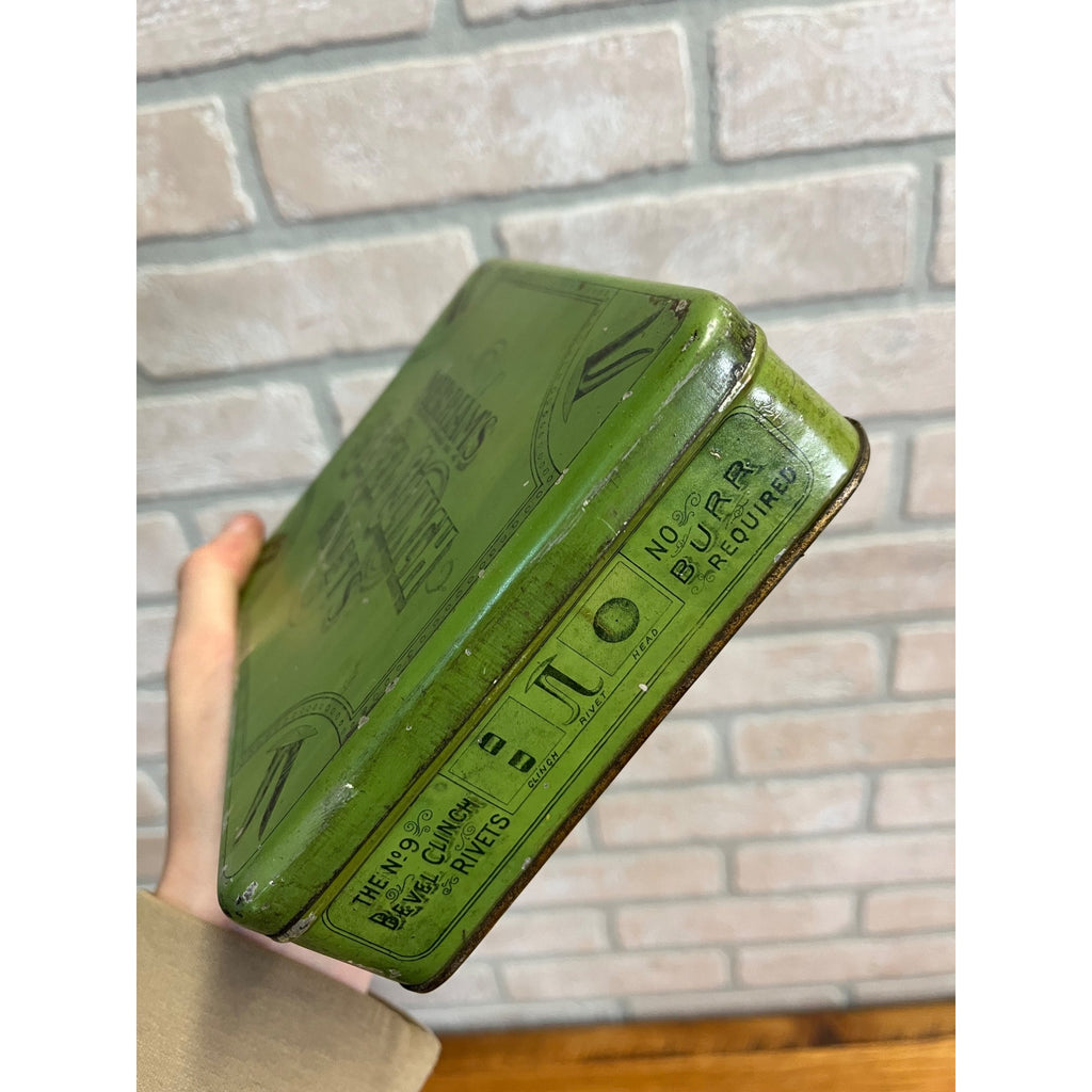 Vintage Merriam's Bevel Clinch Rivets Advertising Tin Can Hinged Empty Boston