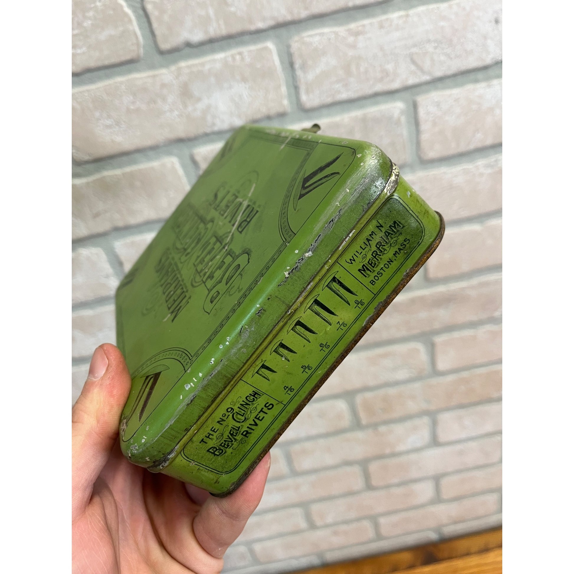 Vintage Merriam's Bevel Clinch Rivets Advertising Tin Can Hinged Empty Boston