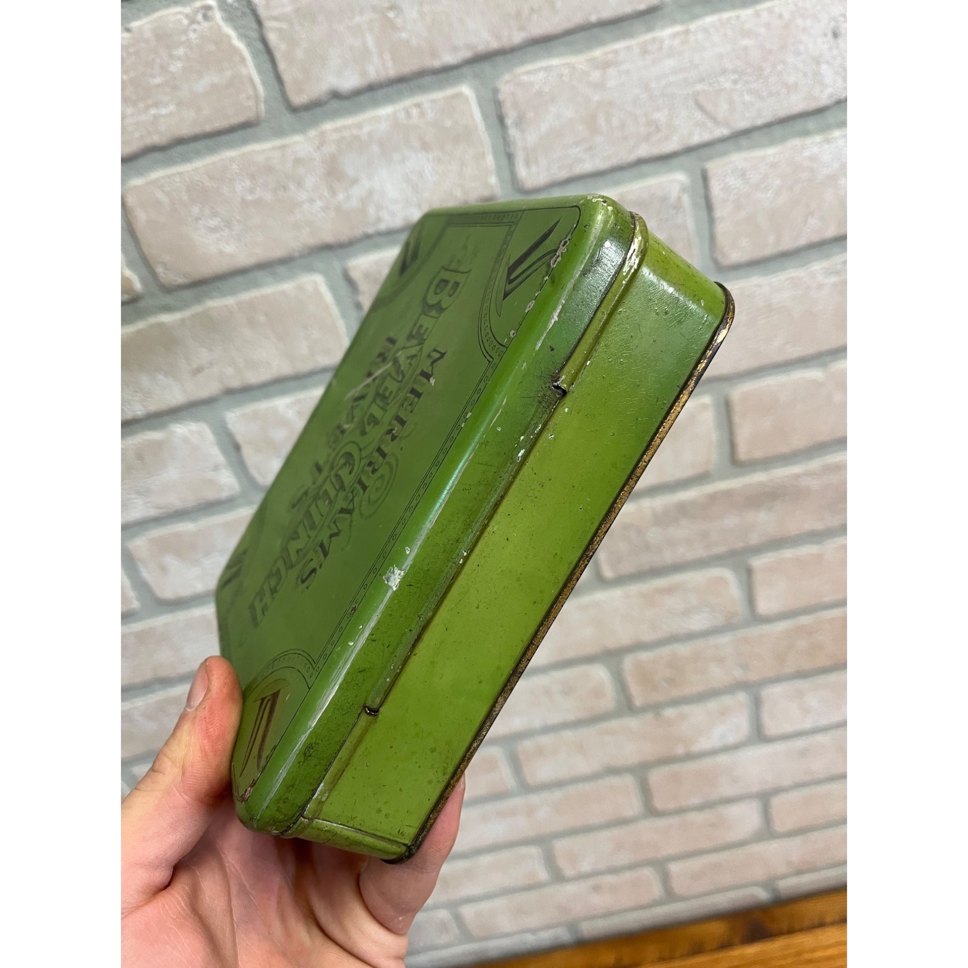 Vintage Merriam's Bevel Clinch Rivets Advertising Tin Can Hinged Empty Boston