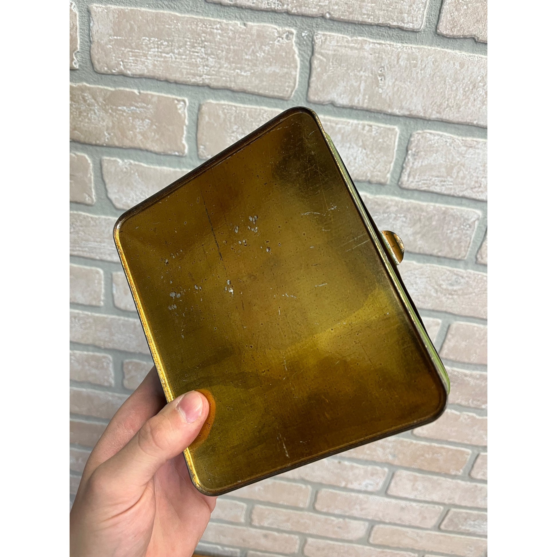 Vintage Merriam's Bevel Clinch Rivets Advertising Tin Can Hinged Empty Boston