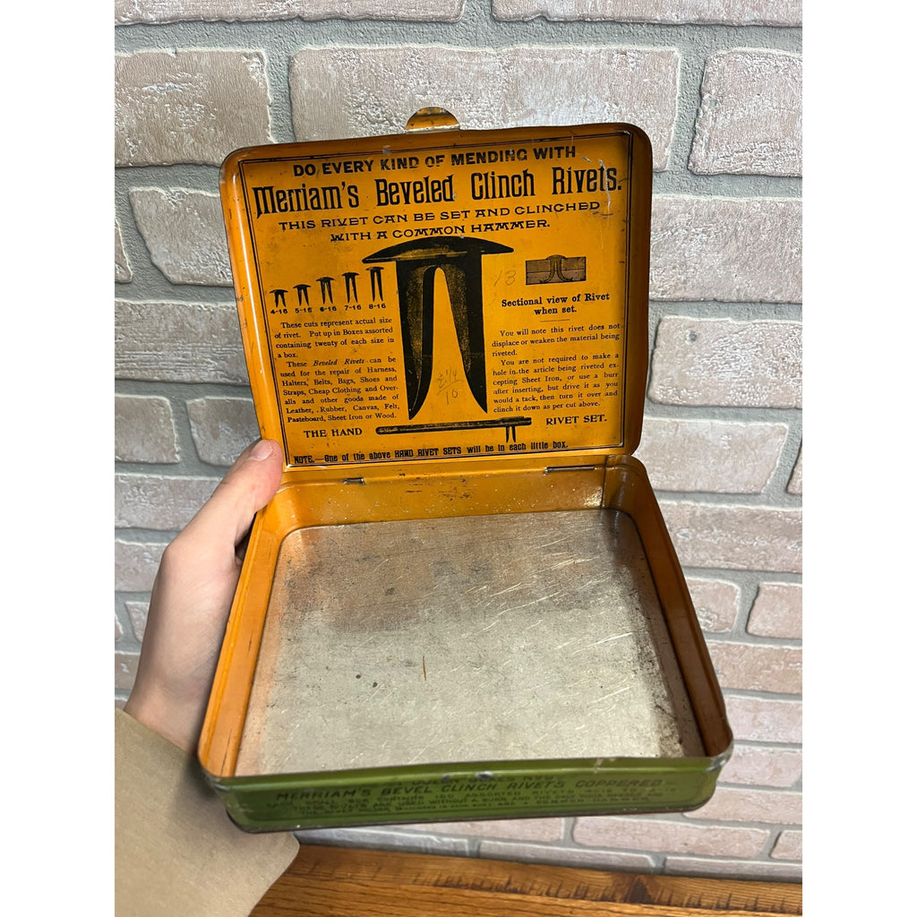 Vintage Merriam's Bevel Clinch Rivets Advertising Tin Can Hinged Empty Boston