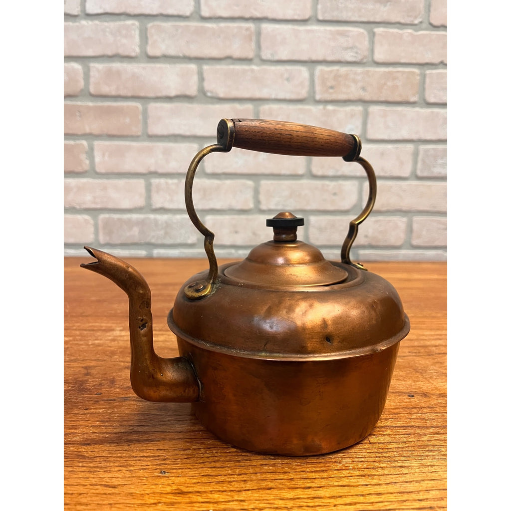 Antique Victorian Copper Tea Kettle Gooseneck Spout Brass Wood Handle c1900