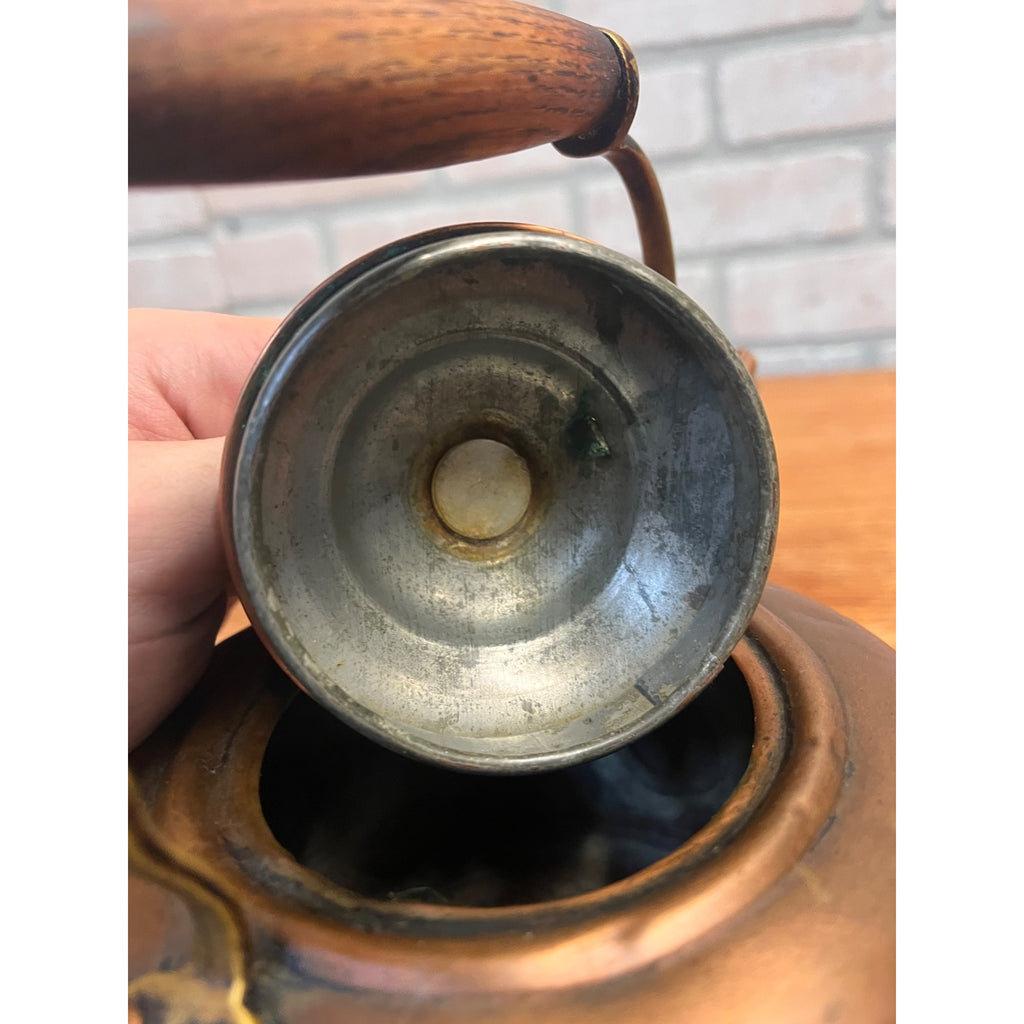 Antique Victorian Copper Tea Kettle Gooseneck Spout Brass Wood Handle c1900