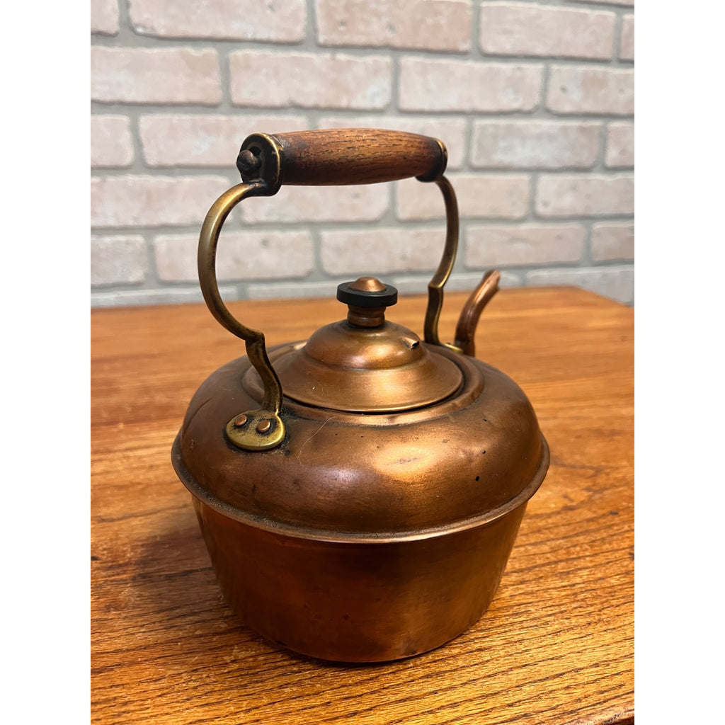 Antique Victorian Copper Tea Kettle Gooseneck Spout Brass Wood Handle c1900