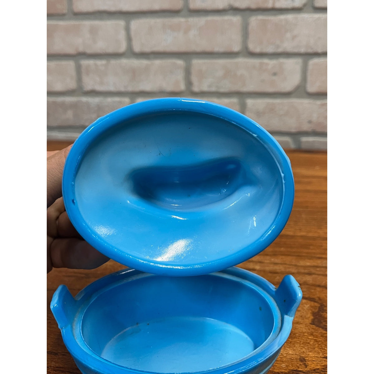 Vintage Blue Slag Glass Nesting Cow On A Nest Covered Dish