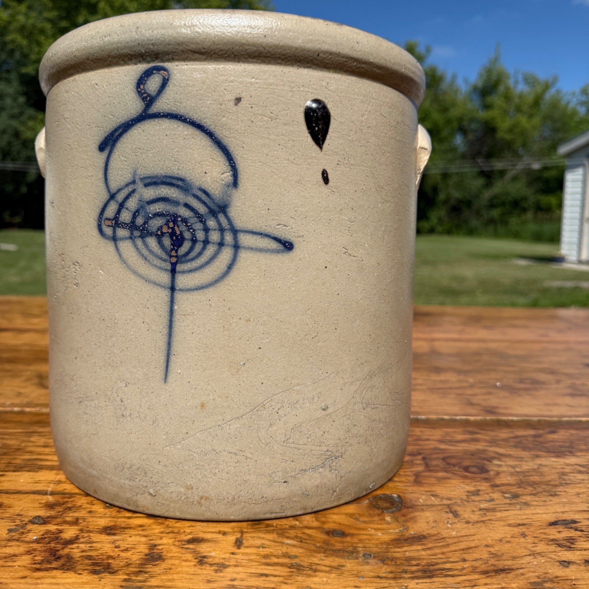 Antique 2 Gallon Stoneware Crock Cobalt Target Decoration Salt Glaze Primitive