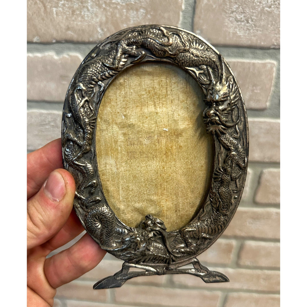 Antique Chinese Picture Photo Fame Repousse Dragons Silver on Copper Oval