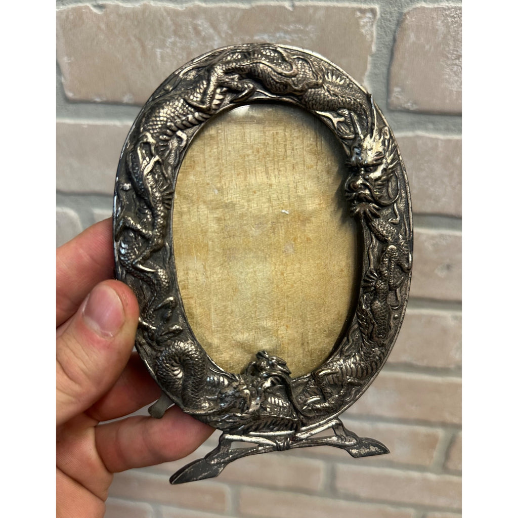 Antique Chinese Picture Photo Fame Repousse Dragons Silver on Copper Oval