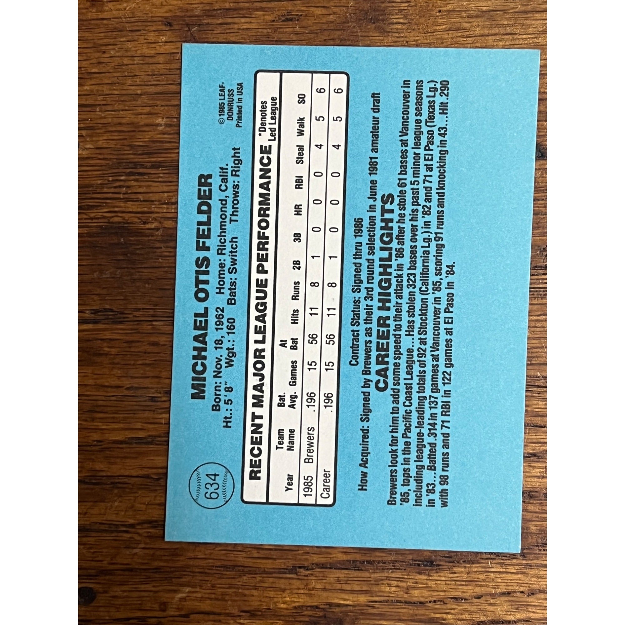 Mike Felder Milwaukee Brewers Signed Autographed Donruss 1986 Baseball Card