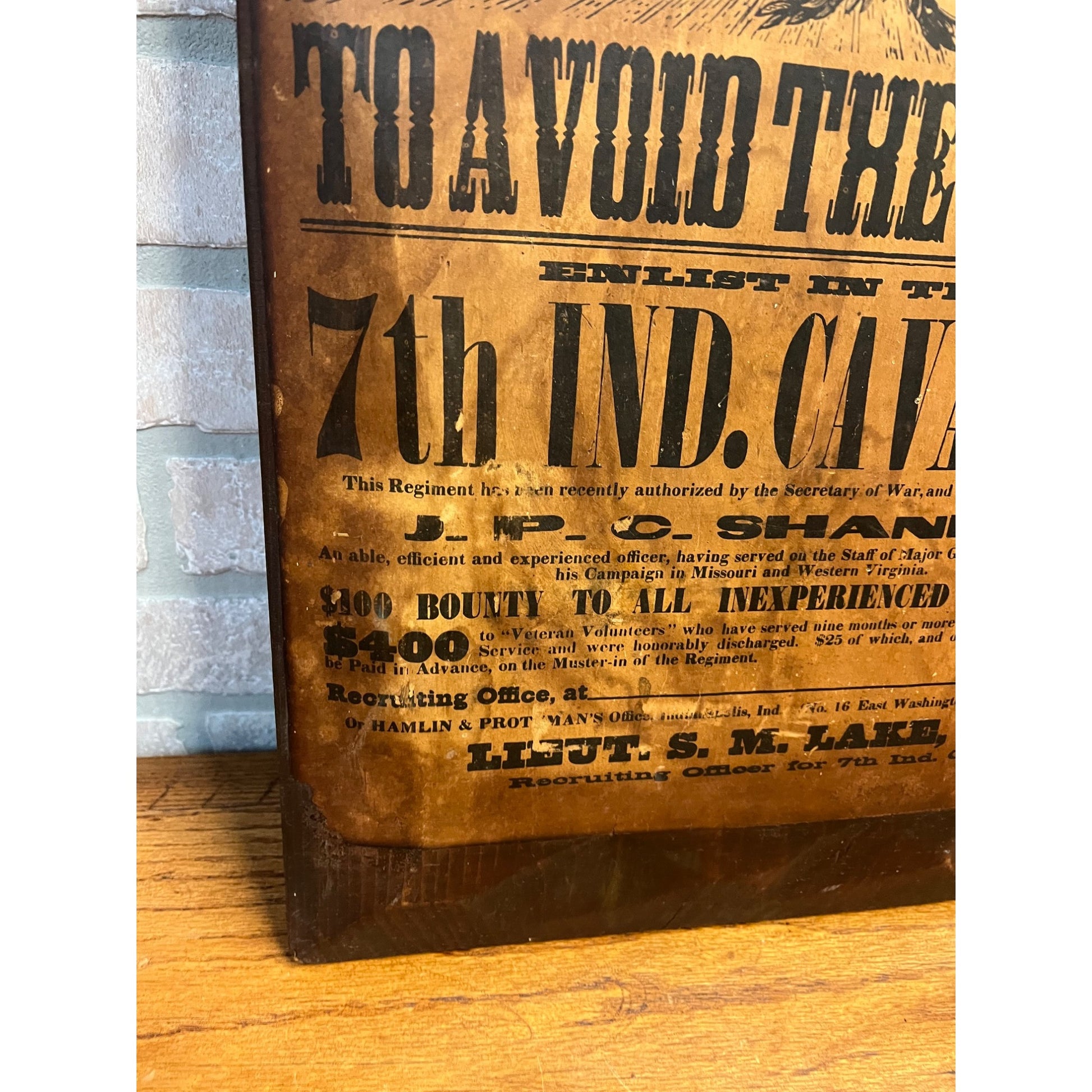 Antique Civil War Newspaper Replica Art Sign on Wood Avoid Draft Indiana Cavalry