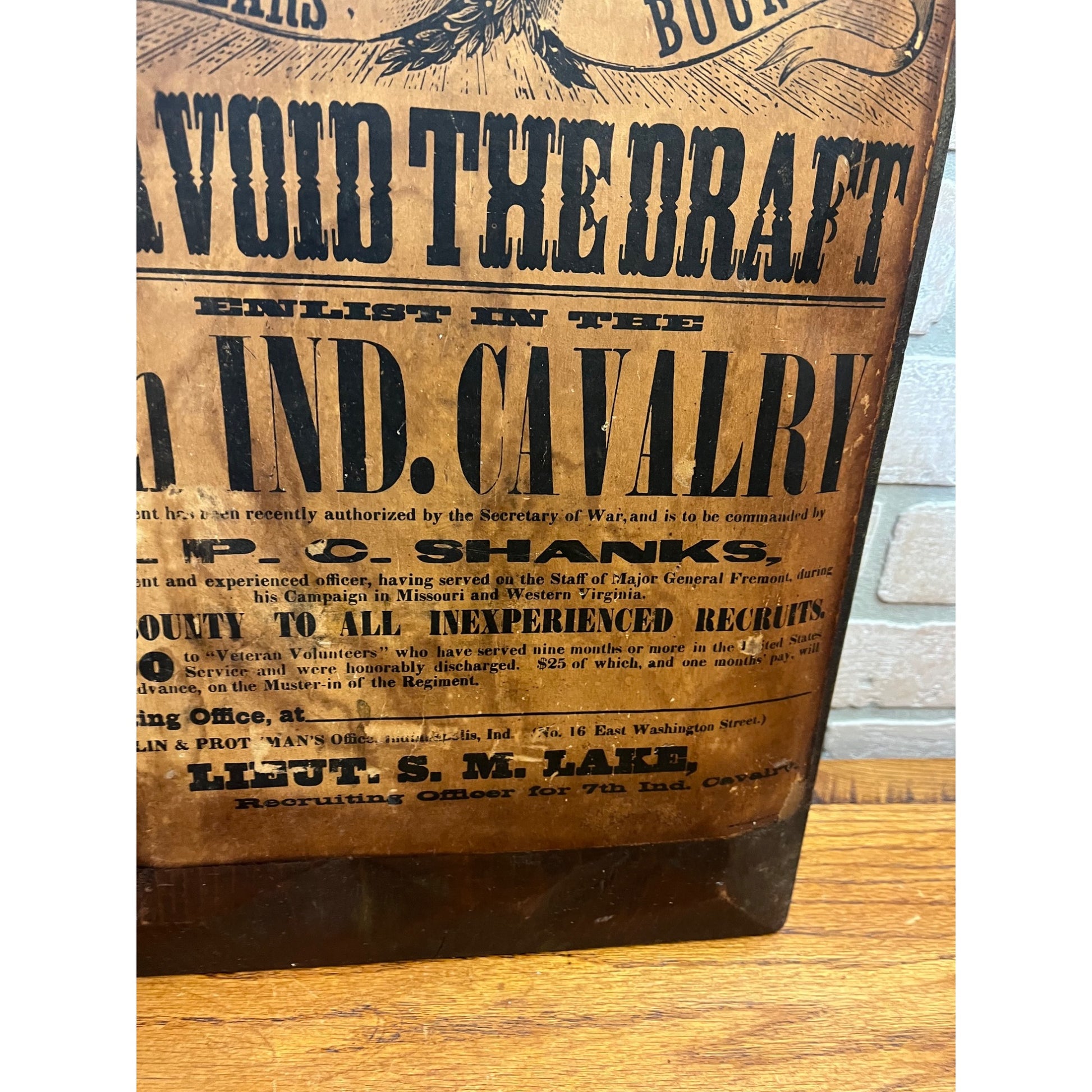 Antique Civil War Newspaper Replica Art Sign on Wood Avoid Draft Indiana Cavalry