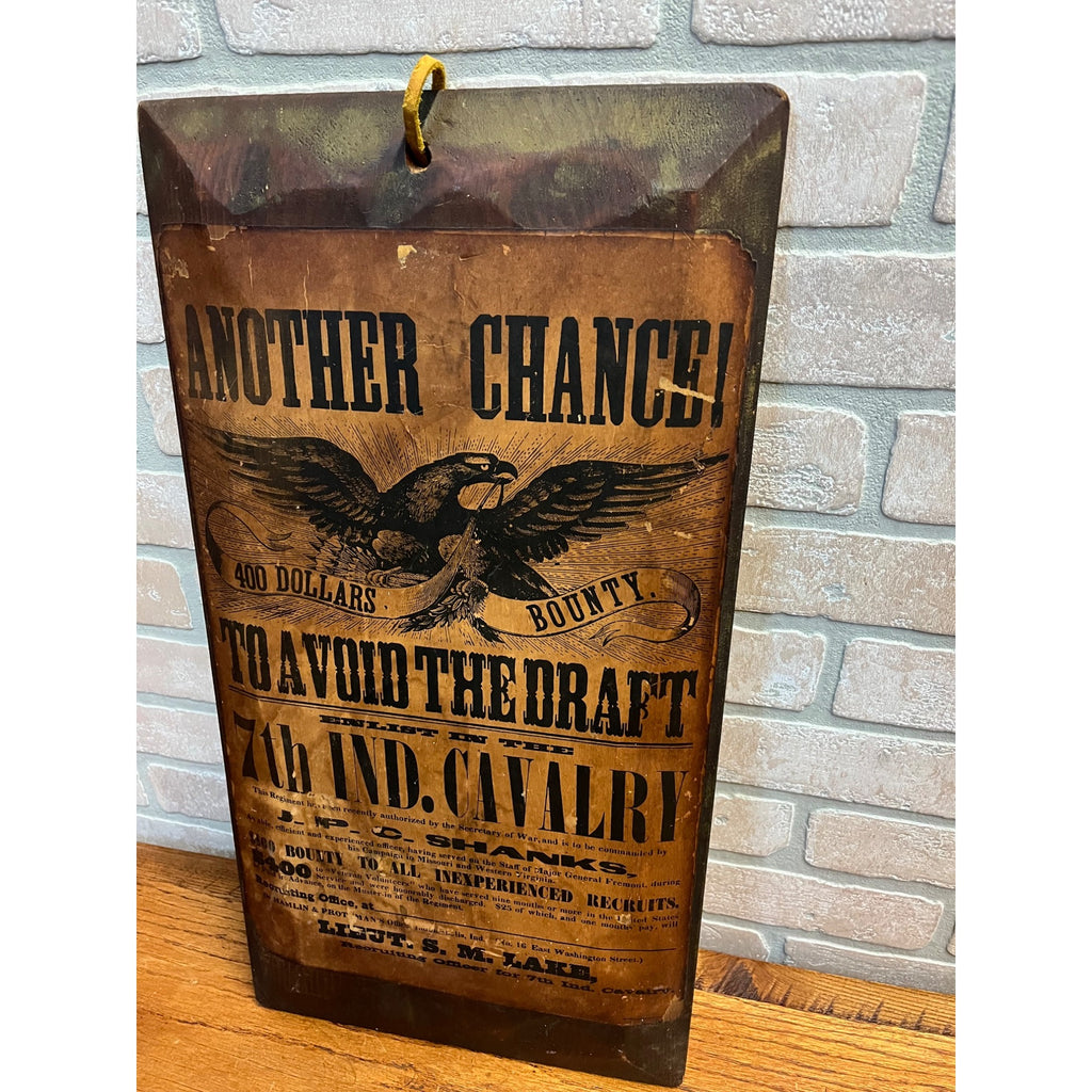 Antique Civil War Newspaper Replica Art Sign on Wood Avoid Draft Indiana Cavalry