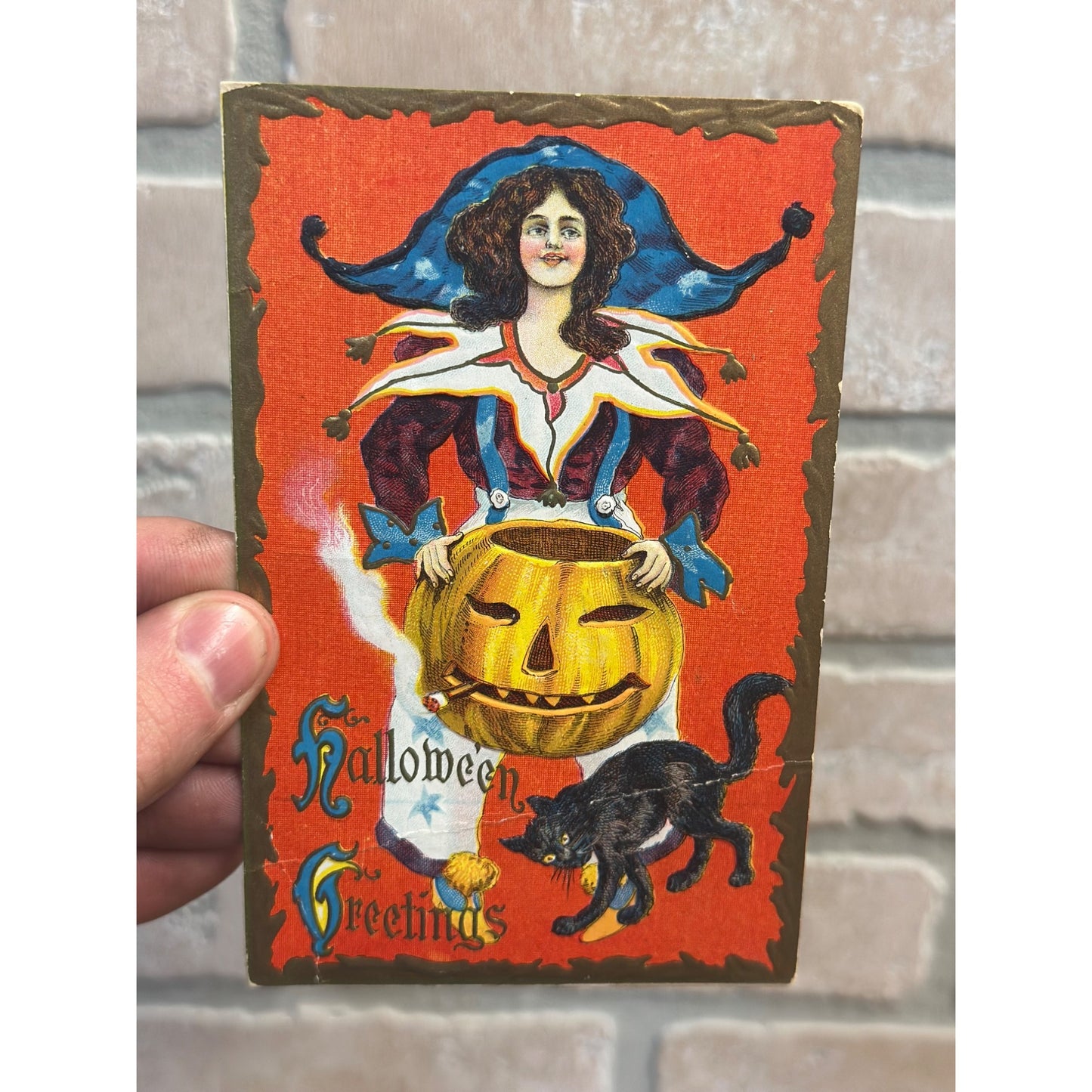 Halloween Postcard JOL Smoking Pipe, Black Cat, Girl Series 116