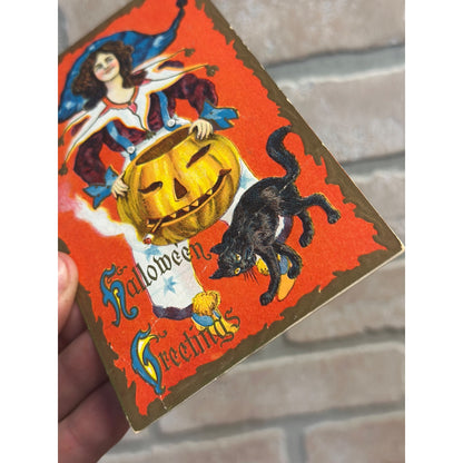 Halloween Postcard JOL Smoking Pipe, Black Cat, Girl Series 116