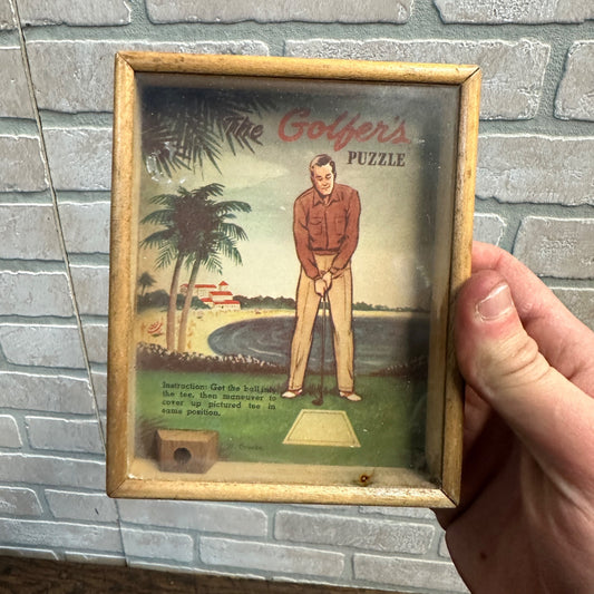 Vintage Golfer's Puzzle Dexterity Game J.W. Drueke 1948 Vacation Series Wood Box