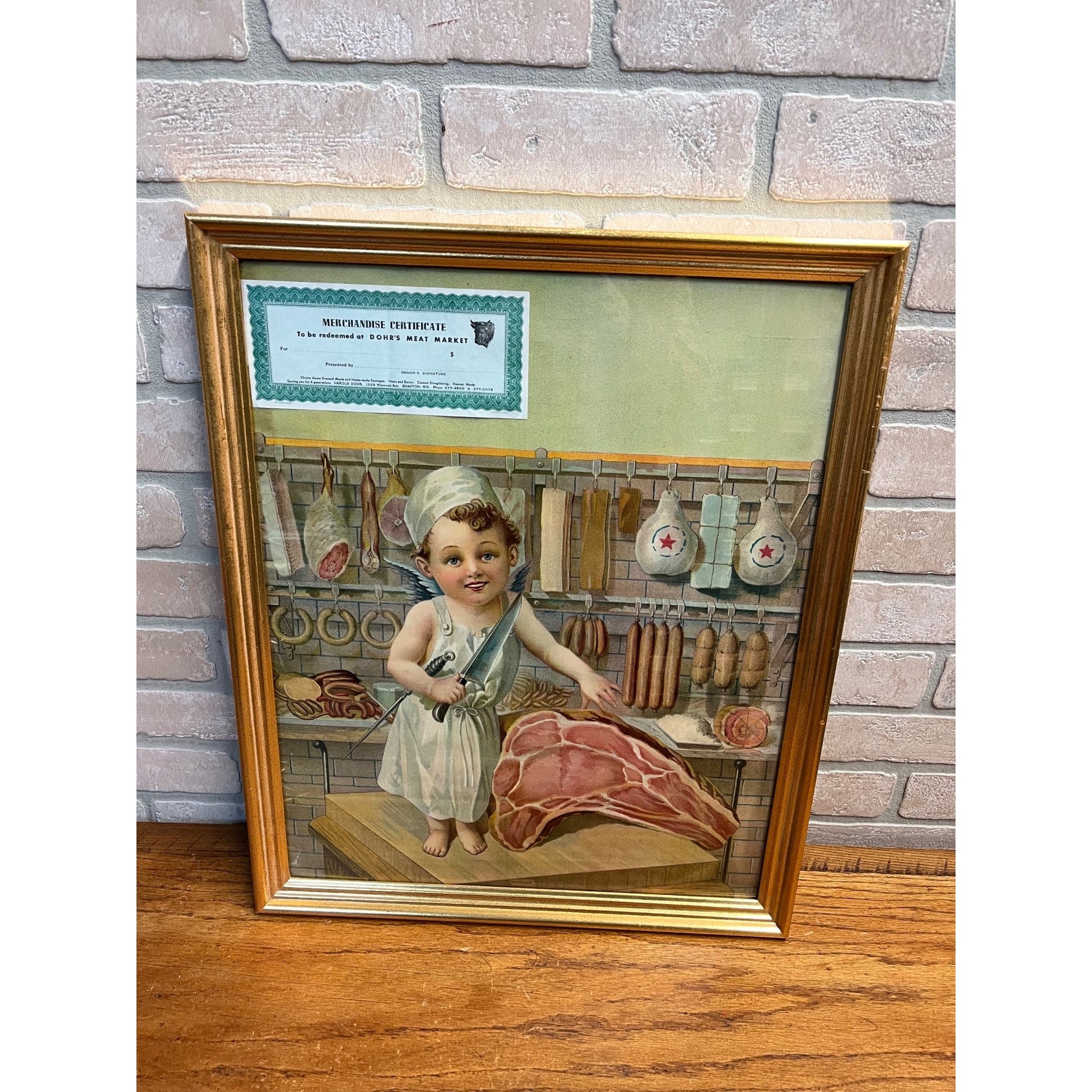 Vintage Early 1900s Butcher Shop Advertising Lithograph Sign Print Grafton Wis