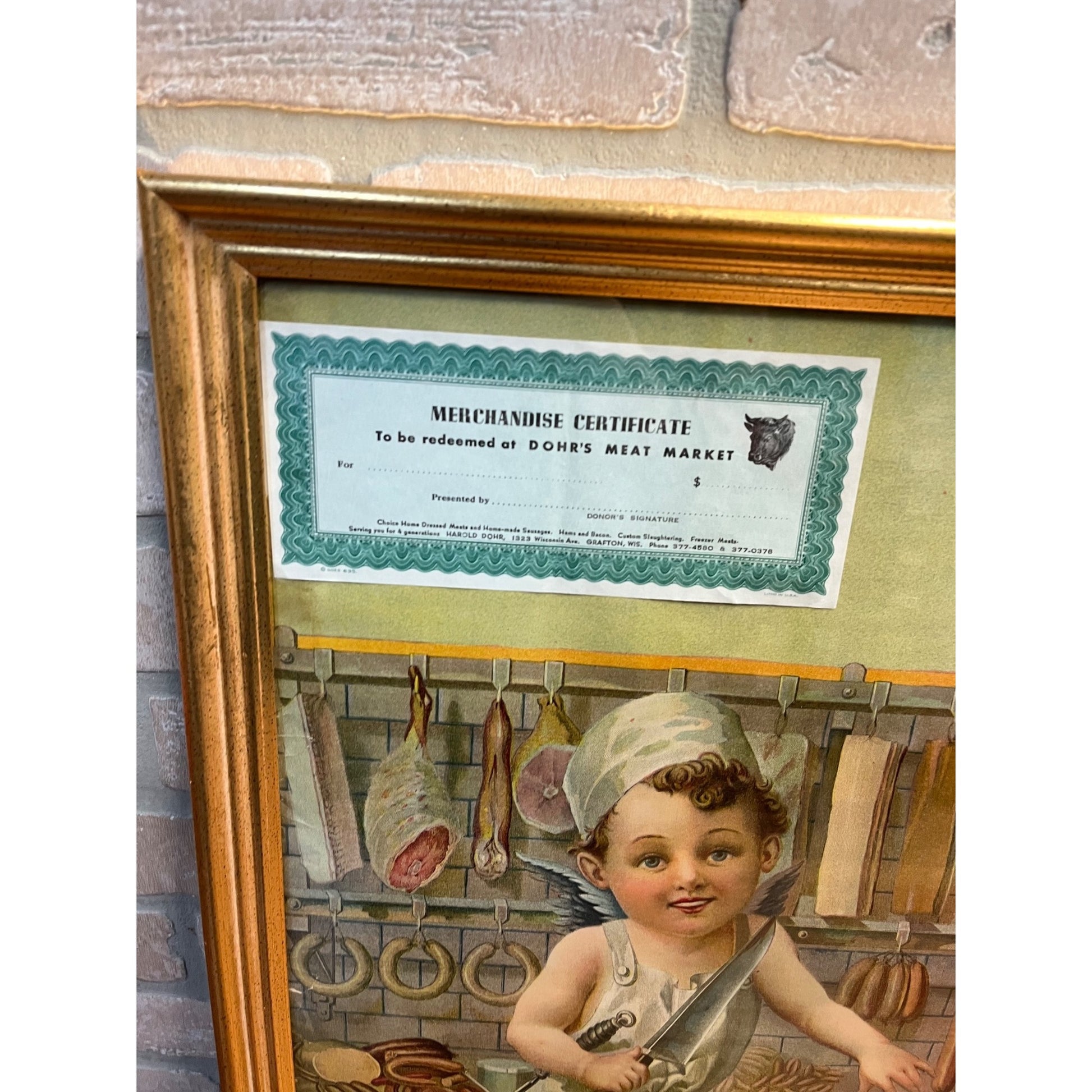 Vintage Early 1900s Butcher Shop Advertising Lithograph Sign Print Grafton Wis