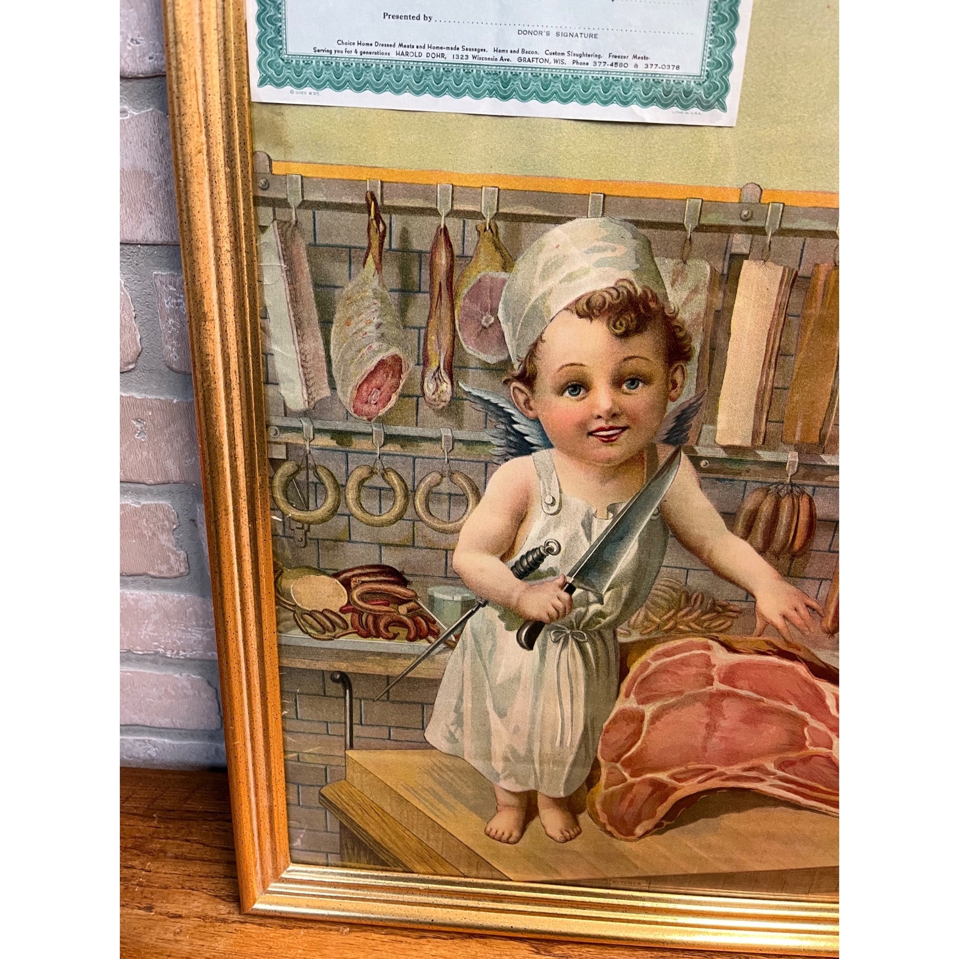 Vintage Early 1900s Butcher Shop Advertising Lithograph Sign Print Grafton Wis