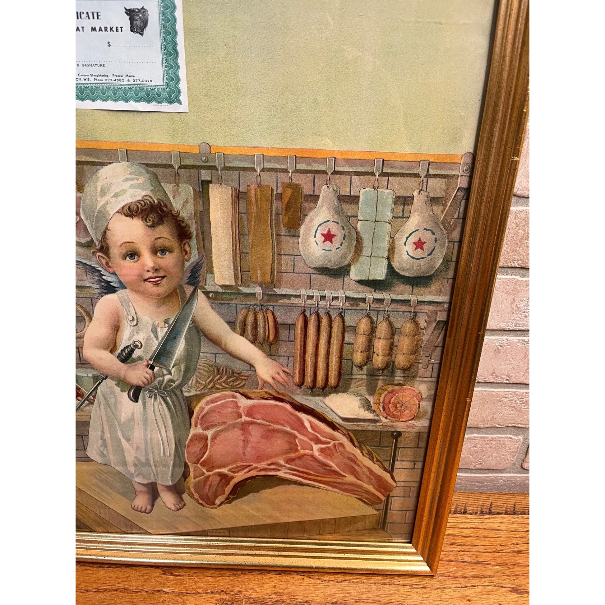 Vintage Early 1900s Butcher Shop Advertising Lithograph Sign Print Grafton Wis