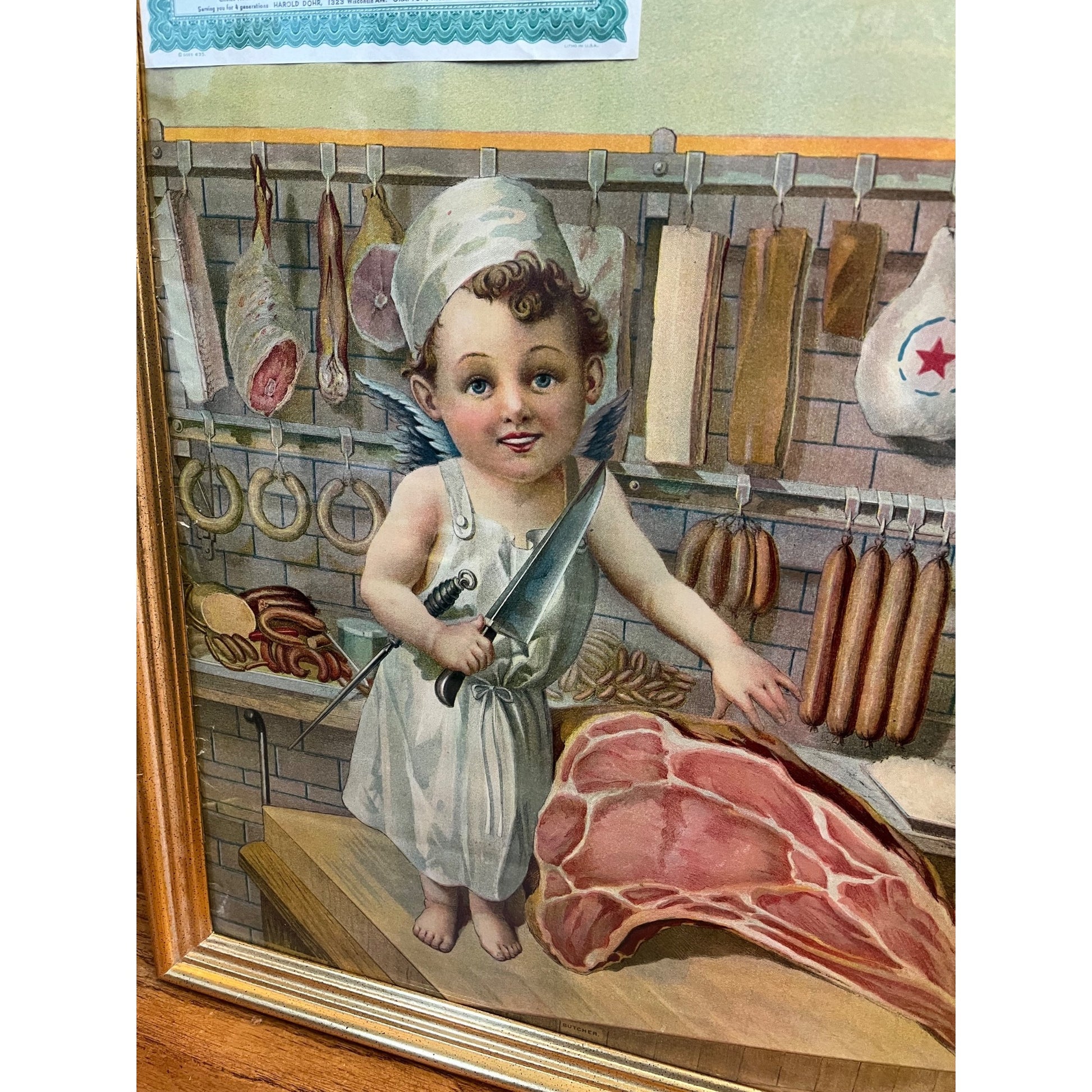 Vintage Early 1900s Butcher Shop Advertising Lithograph Sign Print Grafton Wis