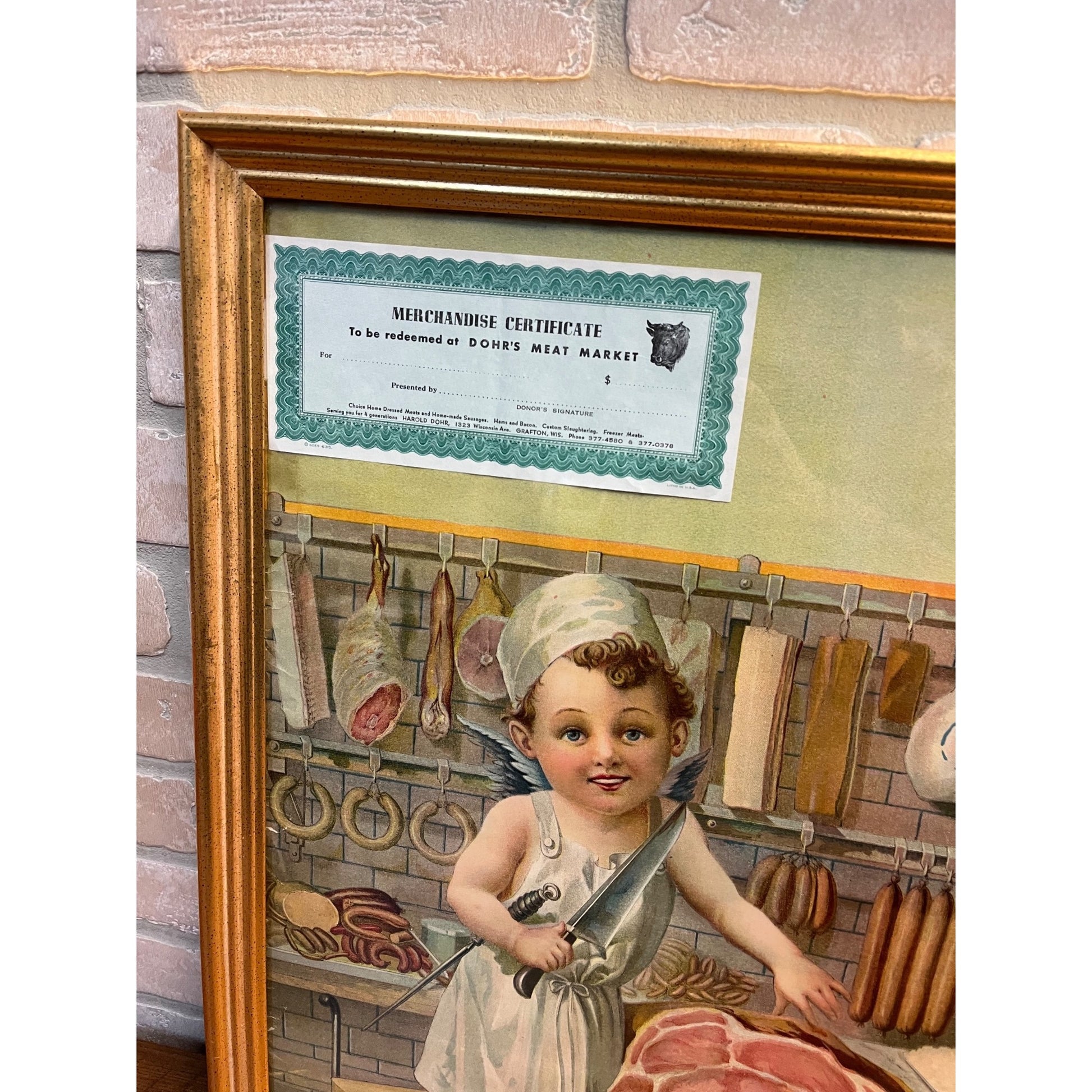 Vintage Early 1900s Butcher Shop Advertising Lithograph Sign Print Grafton Wis