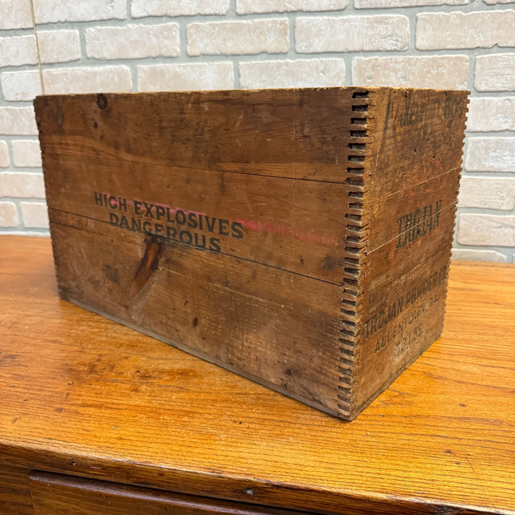 Vintage Dovetailed Wood Crate Trojan Powder Co. Allentown, PA 50 Pounds High Explosives Dangerous Labeling