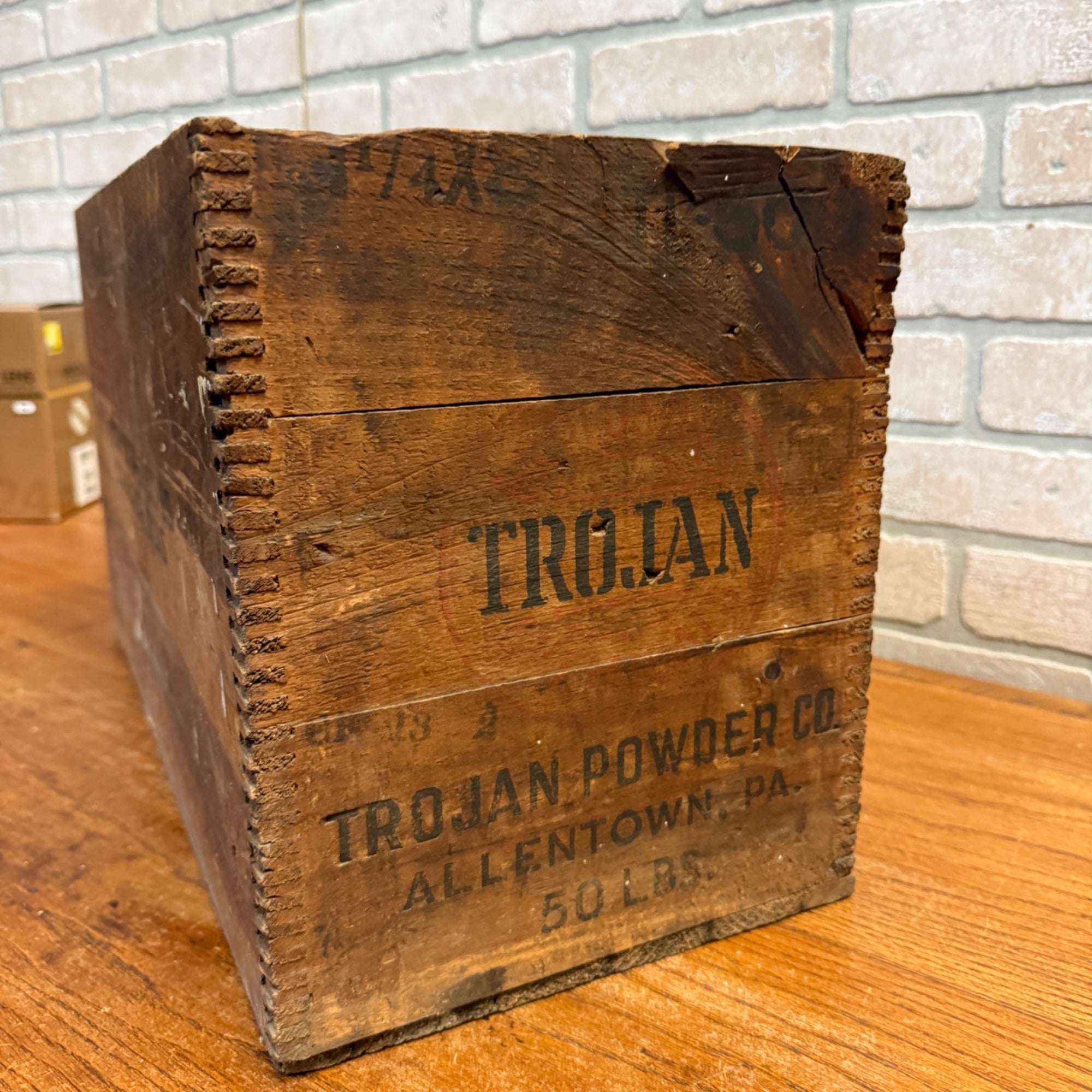 Vintage Dovetailed Wood Crate Trojan Powder Co. Allentown, PA 50 Pounds High Explosives Dangerous Labeling