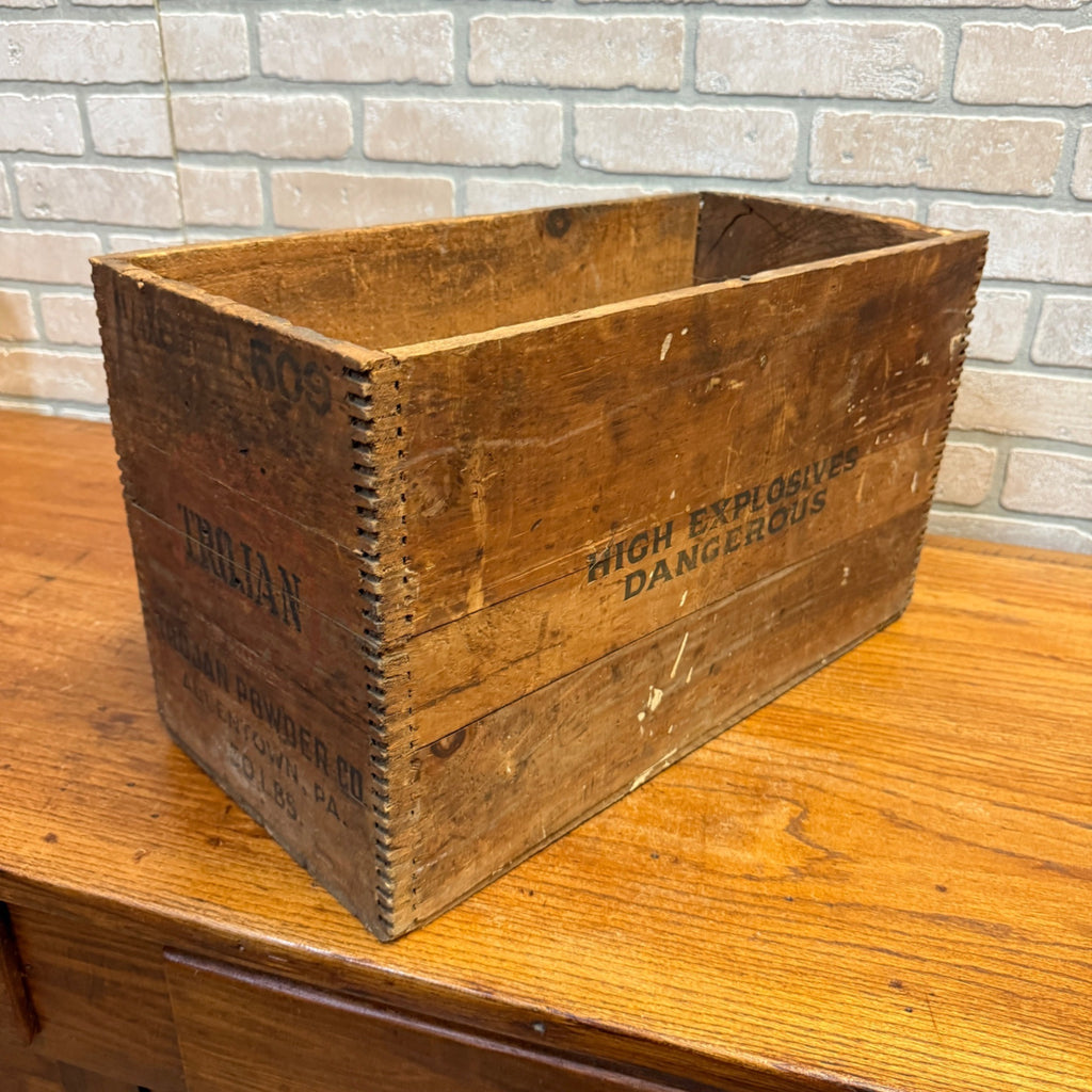 Vintage Dovetailed Wood Crate Trojan Powder Co. Allentown, PA 50 Pounds High Explosives Dangerous Labeling
